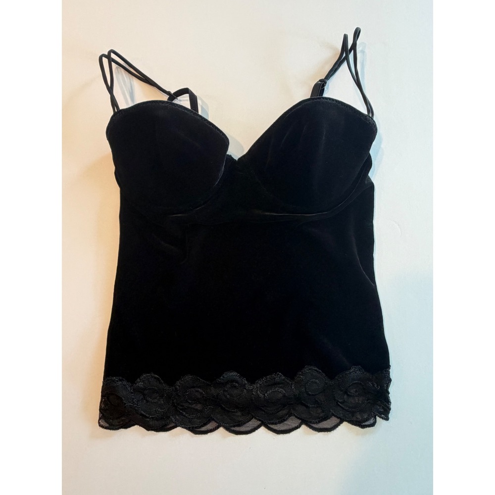 On Gossamer Black Velvet Bustier Camisole Lace Trim Padded Underwire Top Women M - Picture 1 of 6